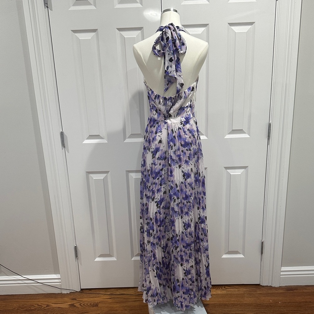 Eliza J Purple Floral Halter Tie Pleated Wedding Guest Party Maxi Dress Size 8 - Picture 9 of 16